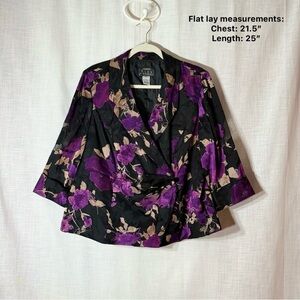 Alex Evenings Womens 1X Floral Black Purple Wrap Blazer Jacket‎ Sheer 3/4 Sleeve